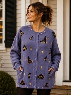 Quacker Factory 1X Halloween Witch Hat Cardigan Blue Moon Stars Applique Sweater